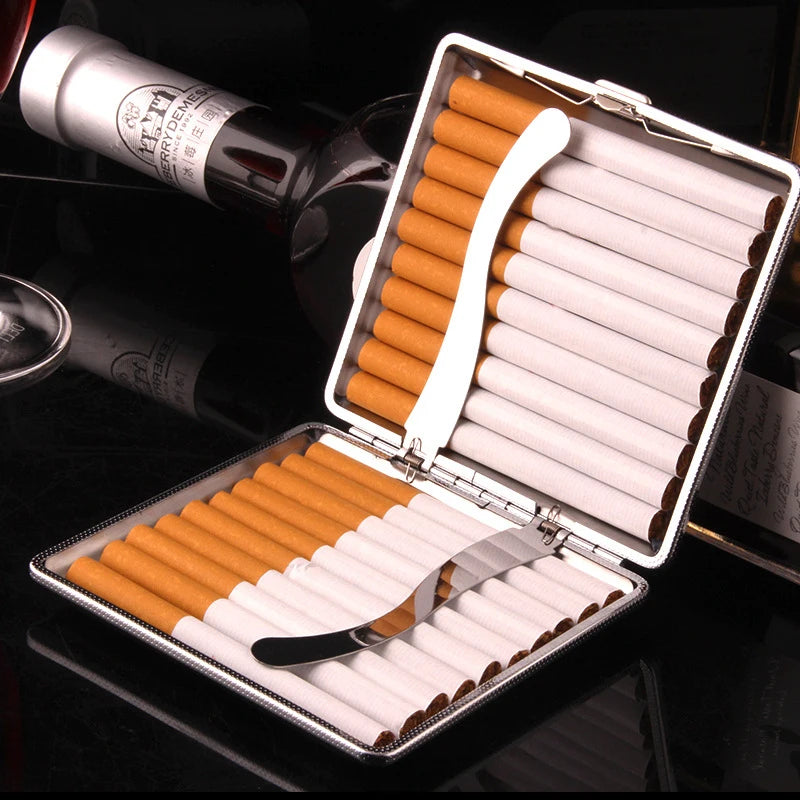 20 Sticks Cigarette Case Leather Surface Storage Metal Box