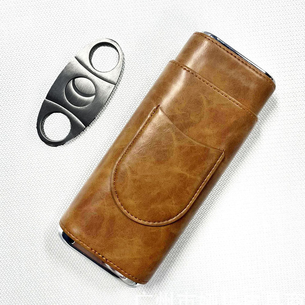 Three-Finger Cigar Case PU Leather Portable Humidor Box with Silver Cigar Cutter