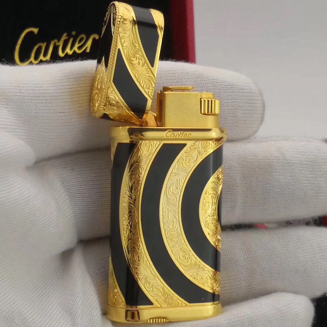 Cartier Royking Gas Lighter Gold Black Vintage #024