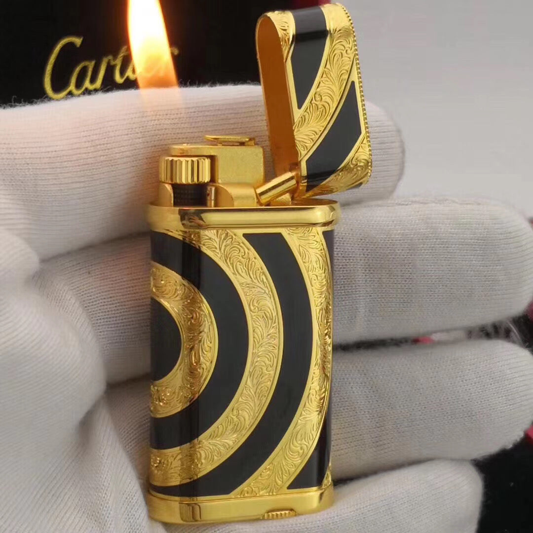 Cartier Royking Gas Lighter Gold Black Vintage #024