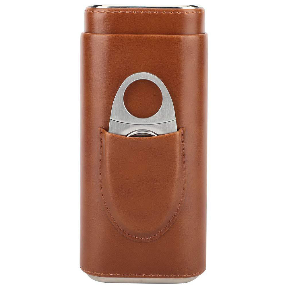 Three-Finger Cigar Case PU Leather Portable Humidor Box with Silver Cigar Cutter