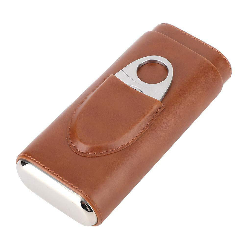 Three-Finger Cigar Case PU Leather Portable Humidor Box with Silver Cigar Cutter