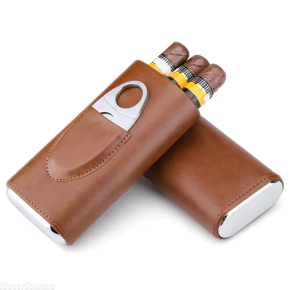 Three-Finger Cigar Case PU Leather Portable Humidor Box with Silver Cigar Cutter