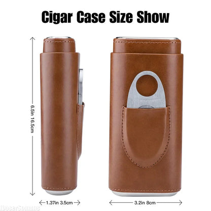 Three-Finger Cigar Case PU Leather Portable Humidor Box with Silver Cigar Cutter