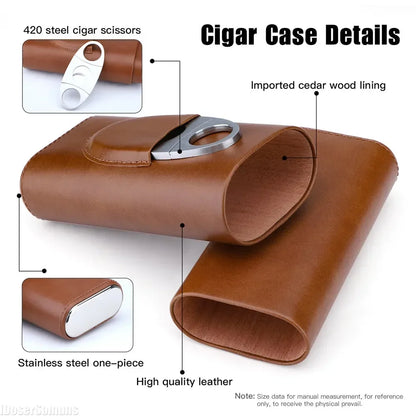 Three-Finger Cigar Case PU Leather Portable Humidor Box with Silver Cigar Cutter