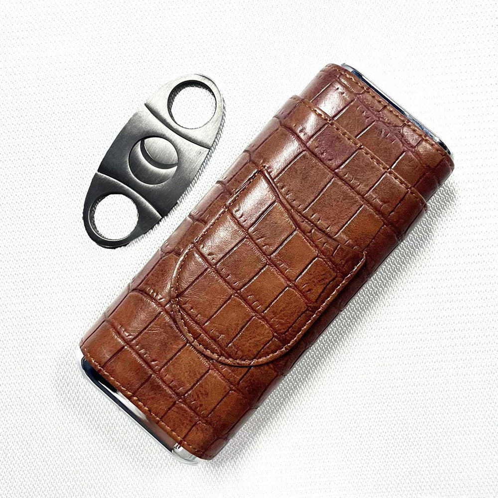 Three-Finger Cigar Case PU Leather Portable Humidor Box with Silver Cigar Cutter